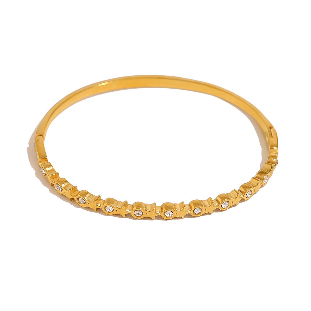 2025 New 18K Gold-Plated Titanium Steel Crystal Bangle with Star Design and Zirconia Stones, Open Adjustable Bracelet for Stylish Hands