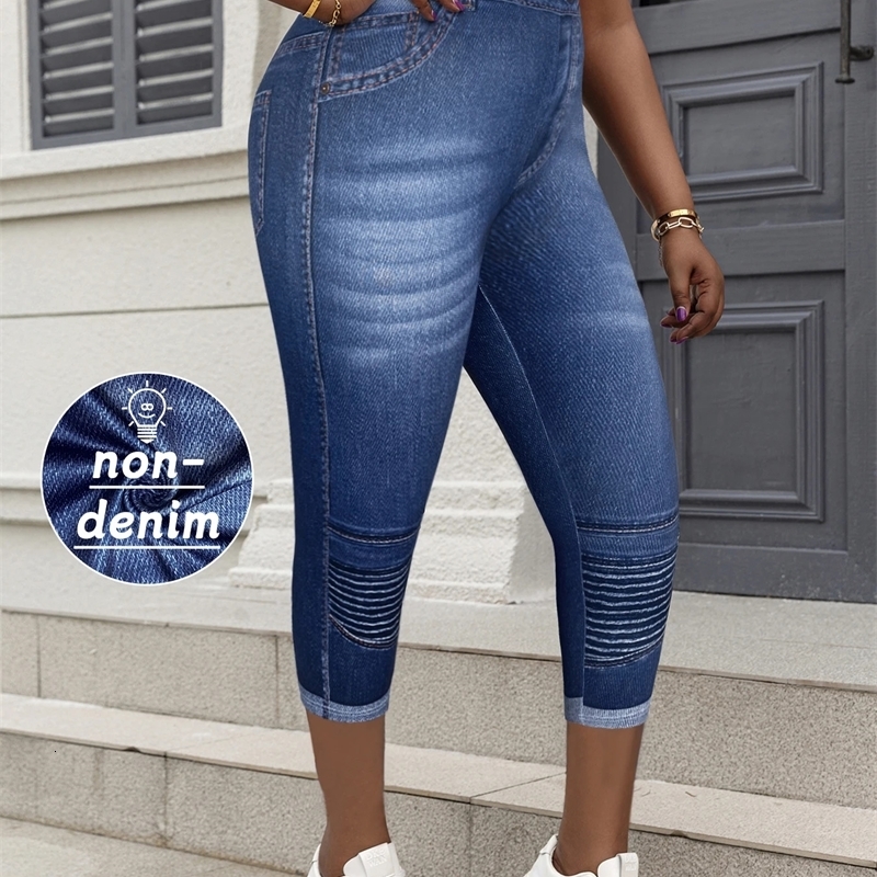 Plus size womens leg synthetic denim print high stretch comfortable knitted small pants suitable for casual occasions 250506