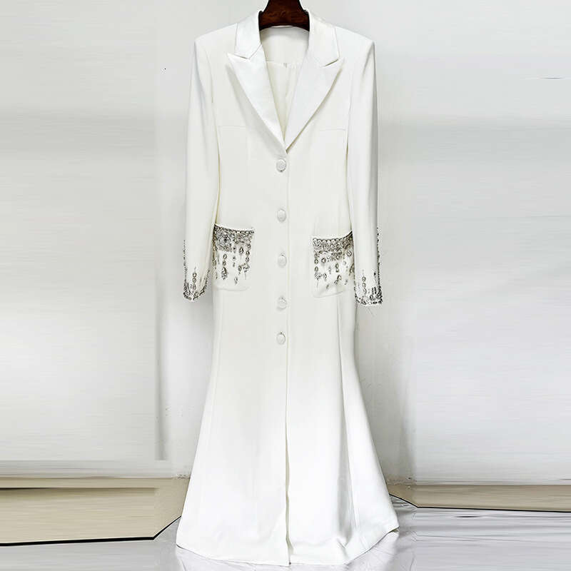 2025 Celebrity Fashion Heavy Industry Nail Bead Diamond Set Suit Collar Tail Long Dress