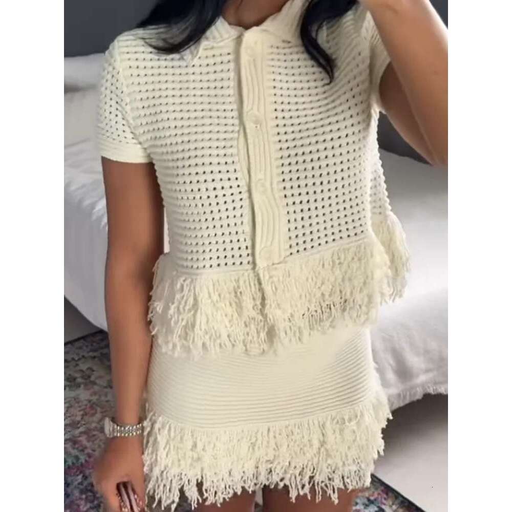 Tassels Knitted Hollow Out Cardigans Skirt Suits Women Single Breasted Lapel Top Mini Skirts Sets Female 2025 Spring Chic Outfit