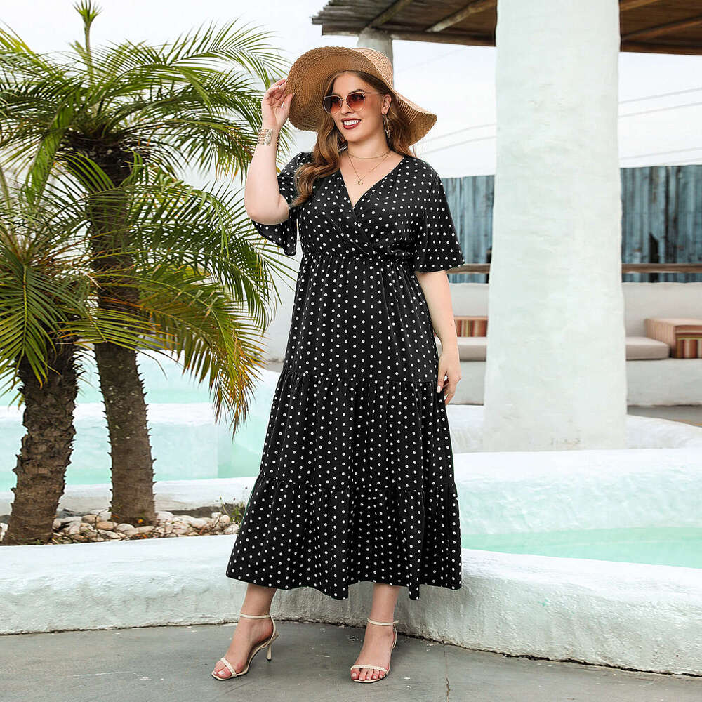 Plus Size Birthday Dress Vestidos De Noche Fulllace Summer New Product Womens Plus Size Polka Dot Casual Vacation Dress V-neck Elegant Large Swing Mid