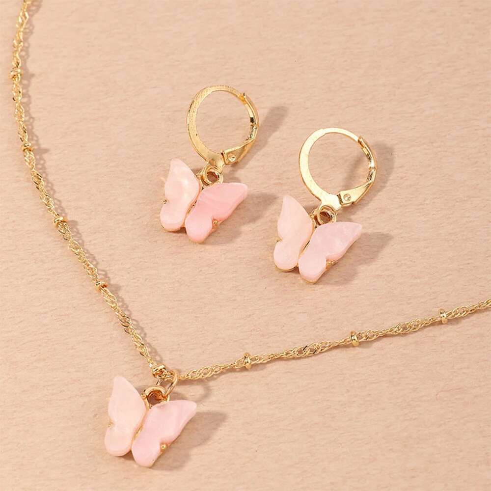 4 Piece Women Fashion Versatile Personalized Butterfly Pendant Forest Earrings Collar Chain Super Immortal Style Earring Set