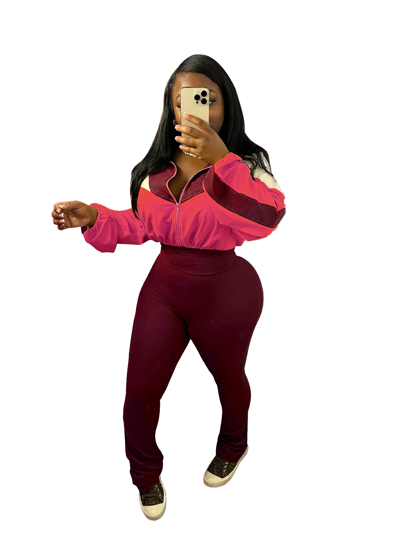 HR24060 Sports and casual womens two-piece set with color blocking exposed navel high waist and micro horn