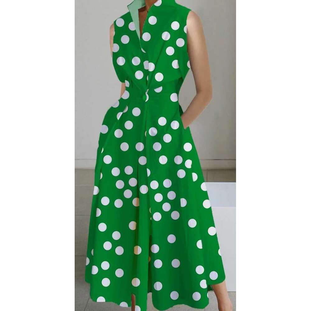 White Dress Maxi Dress 2024 Summer New Commuter Fashion Wave Dot V-Neck Women's Button Fishtail Dress KQ