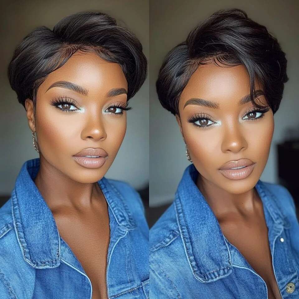 natural black color cut short curly 6inch 150% density daily party use remy wig pixie 13x1 T lace human hair wigs