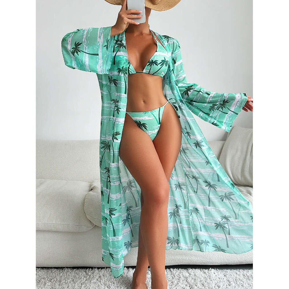 New European and American special fabric printed bikini BIKINI cover up three piece set women's swimsuit 2025 new casual versatile fashion clothi