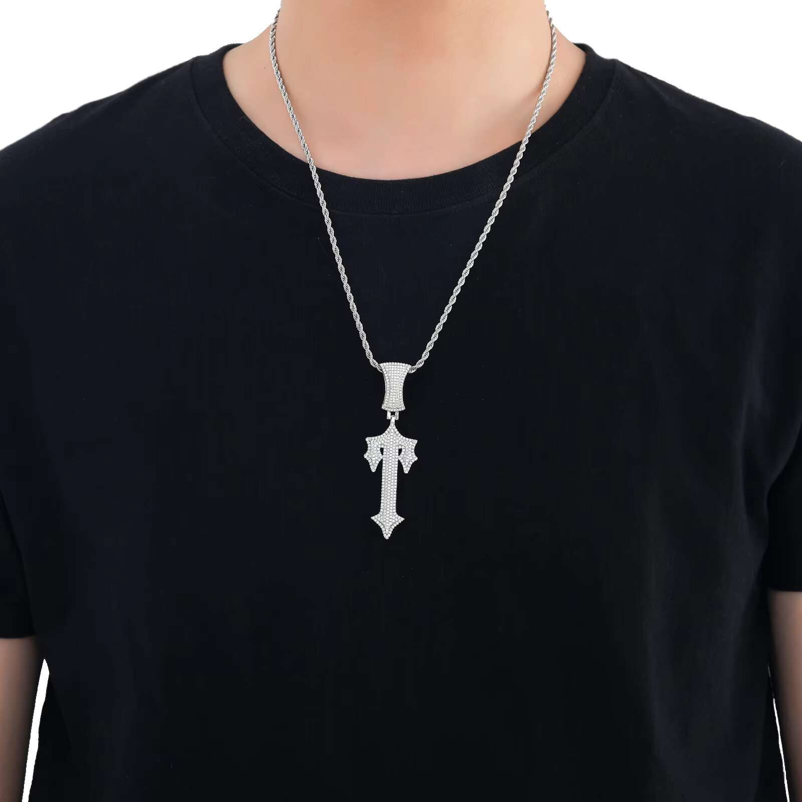 BES Fashion Men's Hip Hop Necklace Jewelry Icy Bling Cubic Zirconia Letter Iced Out Dia Cross Sword Pendant
