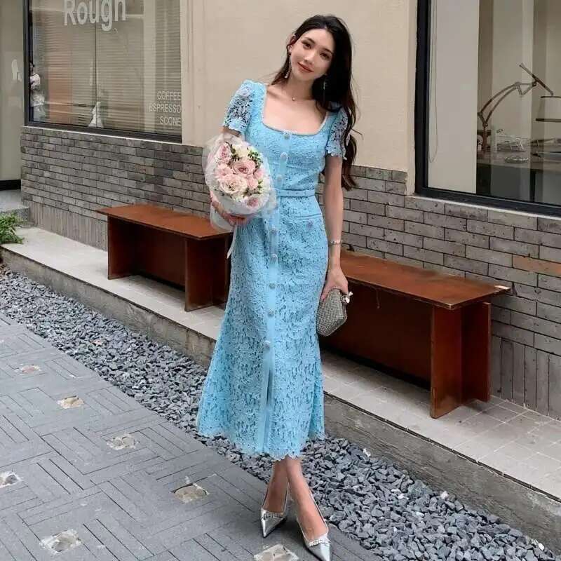 JAMERARY Brand Designer Summer Black Lace Evening Prom Dress Women Dia Button Short Sleeve Midi Long Party Vestidos Quality