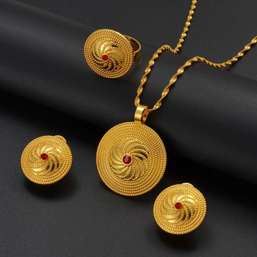 Anniyo Ethiopian Culture Pendant Necklace Earrings Ring Women Sier/Gold Color Eritrea African Engaged Jewelry #161316