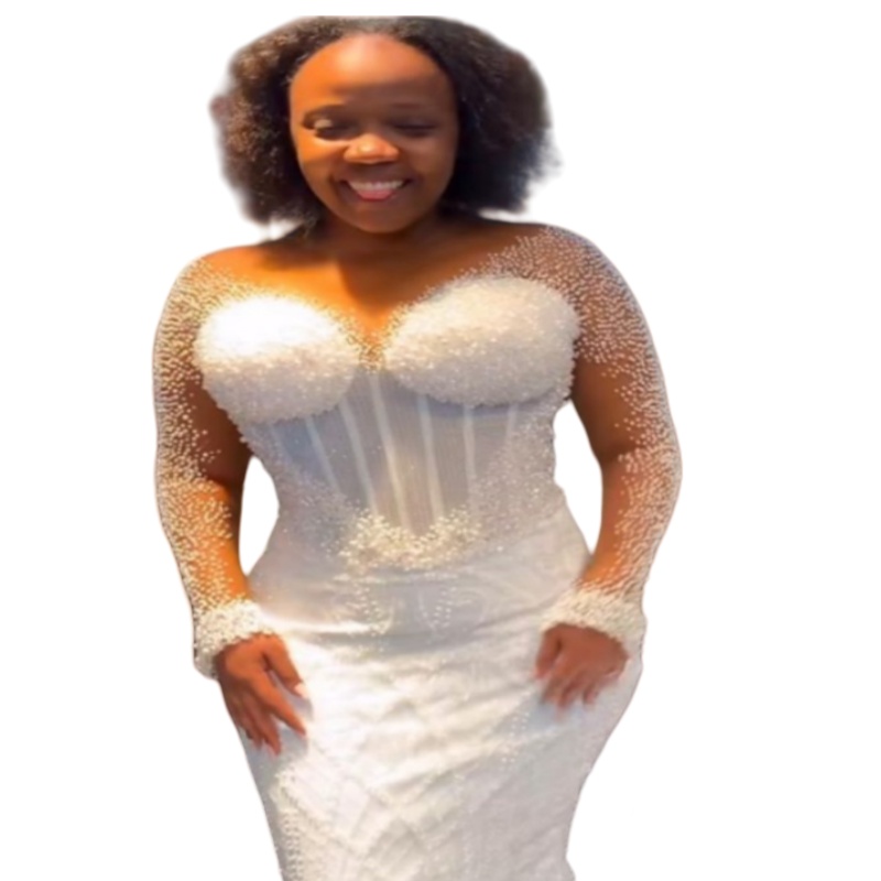2025 Aso Ebi Plus Size Ivory Wedding Dress Beaded Pearls Beaded Sequined Detachable Train Sparkly Vintage Bridal Gowns Dresses ZJ0657