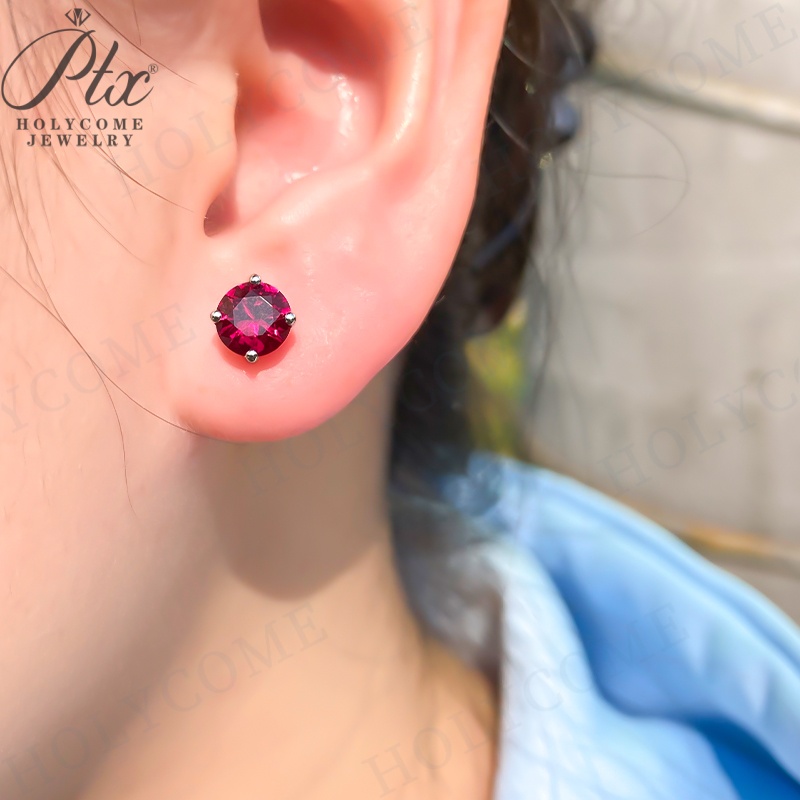 Four-prong Lab Grown Ruby Stud Earrings Sparkling 1CT Pigeon Red Earring for Women Men Real Gold Wedding Jewelry Anti Allergic