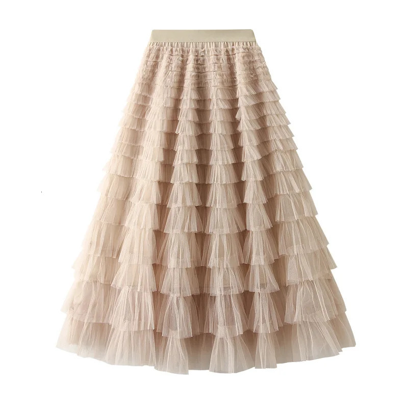 Arrival Tulle Cake Long Skirt Women Spring Summer Ruffle Pleated ALine Chic Ladies Sweet Black White Tutu Skirts 250515