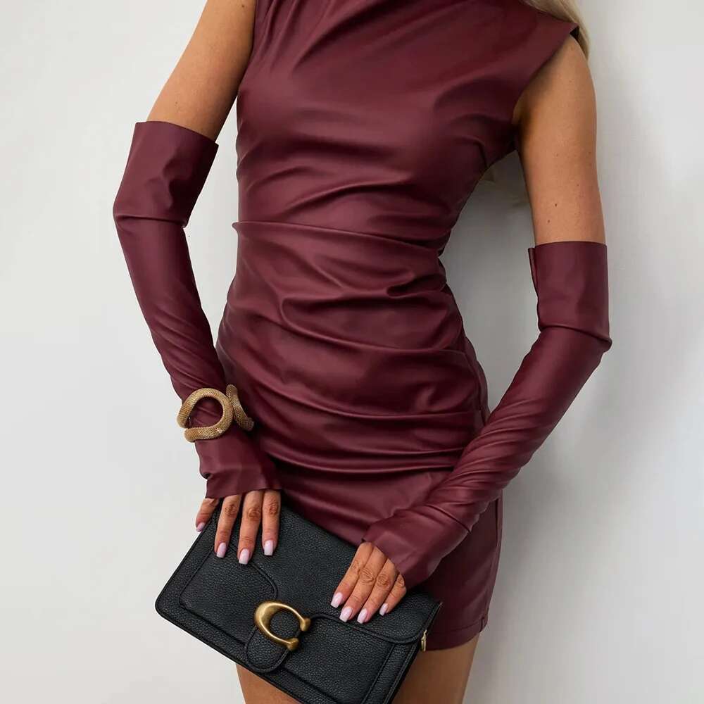 Talenza Skinny Mini Women Summer Sexy PU Leather Zipper Sleeveless Short Solid Gloves Y2k Party Club Dress