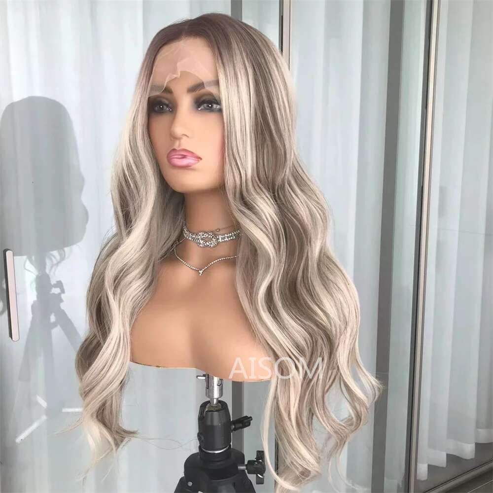 Body Wave Front Highlight Ash Blonde Frontal Wigs Pre Plucked Long Wavy Synthetic Lace Wig for Women
