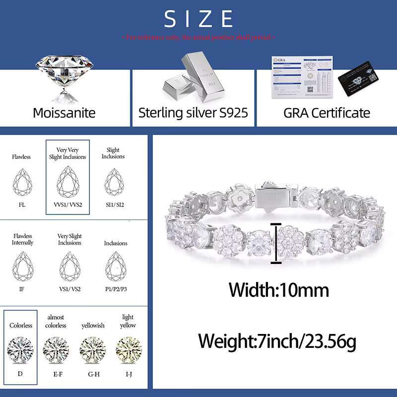 Certified 10mm 925 Sterling Silver Diamond Cluster Flower Design Iced Out Vvs Moissanite Link Chain Bracelet