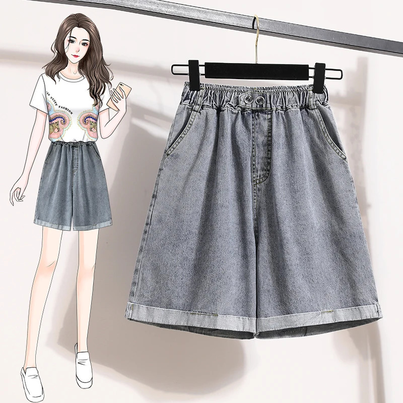 Plus Size Shorts For Women Summer Arrivals High Elastic Waist Crimping Wide Leg Loose Streetwear Blue Jeans Shorts 250514