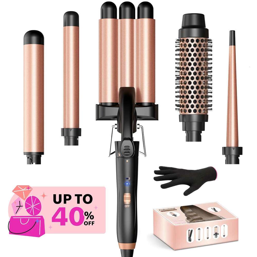 PRO 5 in 1 Wand, Curling Iron Set with Thermal Brush, A 3-Barrel Hair Crimper Iron, 3 Ceramic Cur