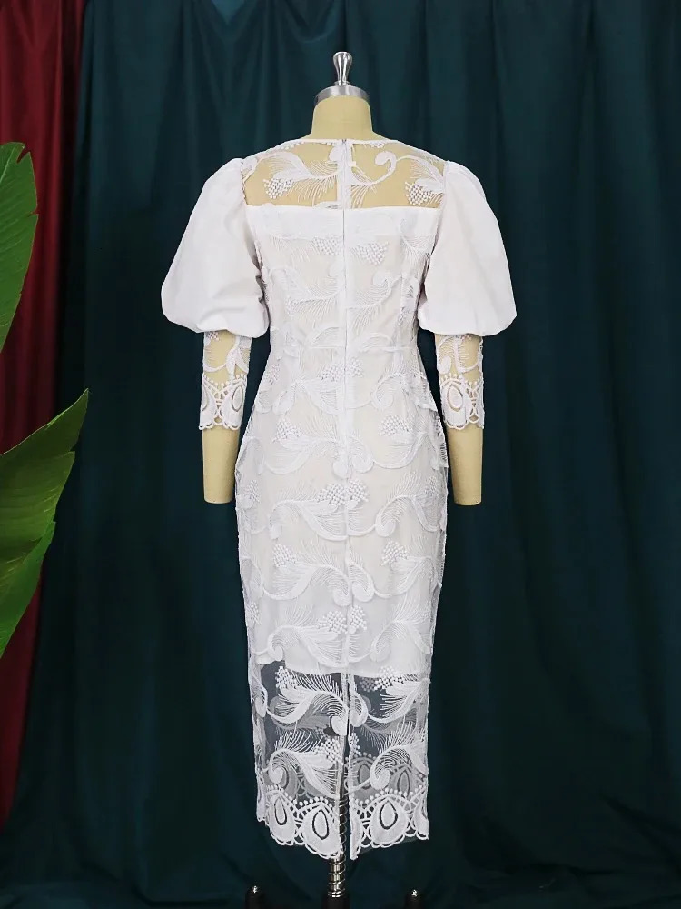 Elegant Women White Lace Dress Puff Sleeve Embroidery Pencil Dress Large Size 4XL Ladies Wedding Birthday Dinner Evening Clothes 250514