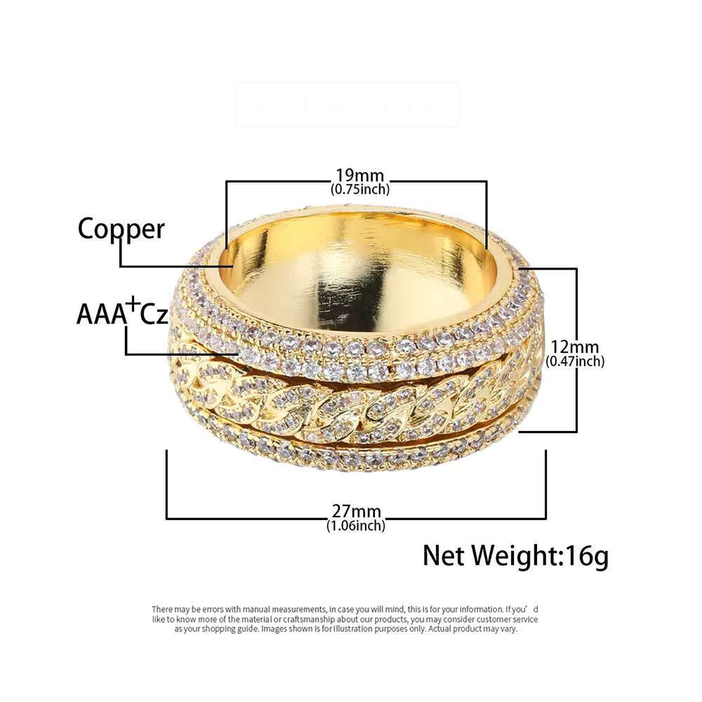 Rotatable Iced Out 11mm Spinning Cuban k Men Women Cubic Zirconia Bg Hip Hop Jewelry Promise Ring