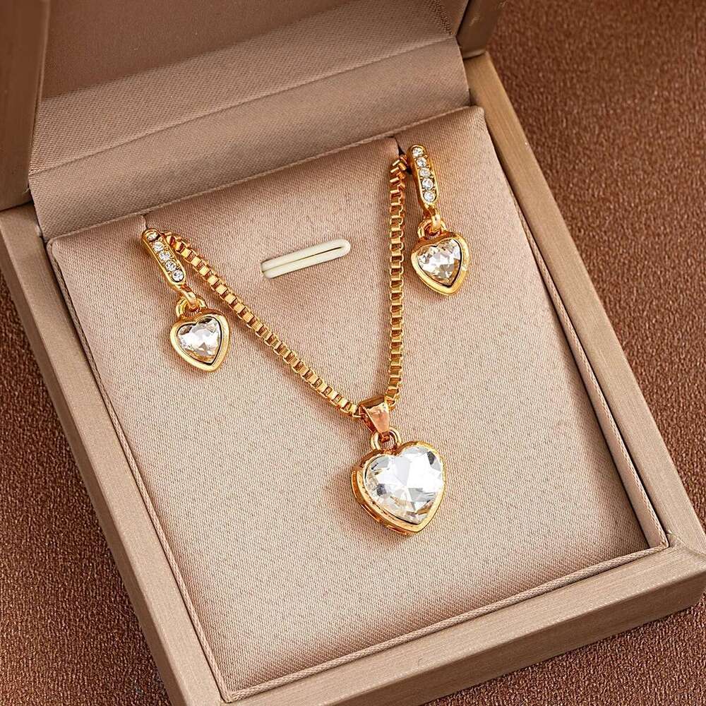 3 Pcs Of Earring Pendant Necklace For Women Exquisite Fashion Rhinestone Double Heart Jewelry Set Gift