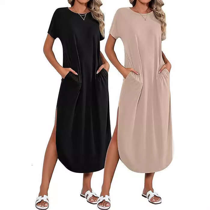 White Dress Maxi Dress Women's Short Sleeved Ultra Dress Round Neck, Casual Loose Slit, Long Summer Beach Shirt With Pockets KQ
