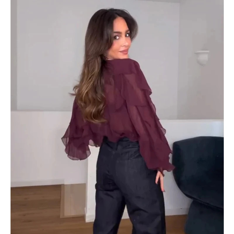 TRAF Ruffle Womens Blouses Semi Sheer Casual Woman Spring Fairy Shirts and for Lady Long Sleeve Tops 250515