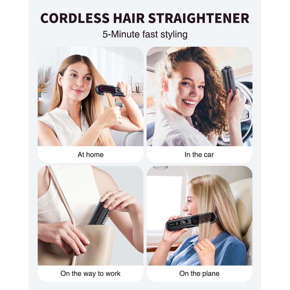 USB Charging Cordless Straightener Brush 10000mAh LED Display Negative Ions Hair Care Ceramic Electric Hot Heating Comb
