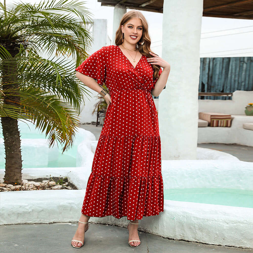 Plus Size Birthday Dress Vestidos De Noche Fulllace Summer New Product Womens Plus Size Polka Dot Casual Vacation Dress V-neck Elegant Large Swing Mid