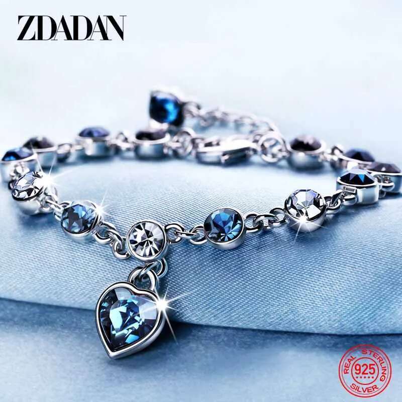 ZDADAN Sterling Sier Charm Sapphire Heart Bracelet Chain For Women Fashion Engagement Party Jewelry Gift