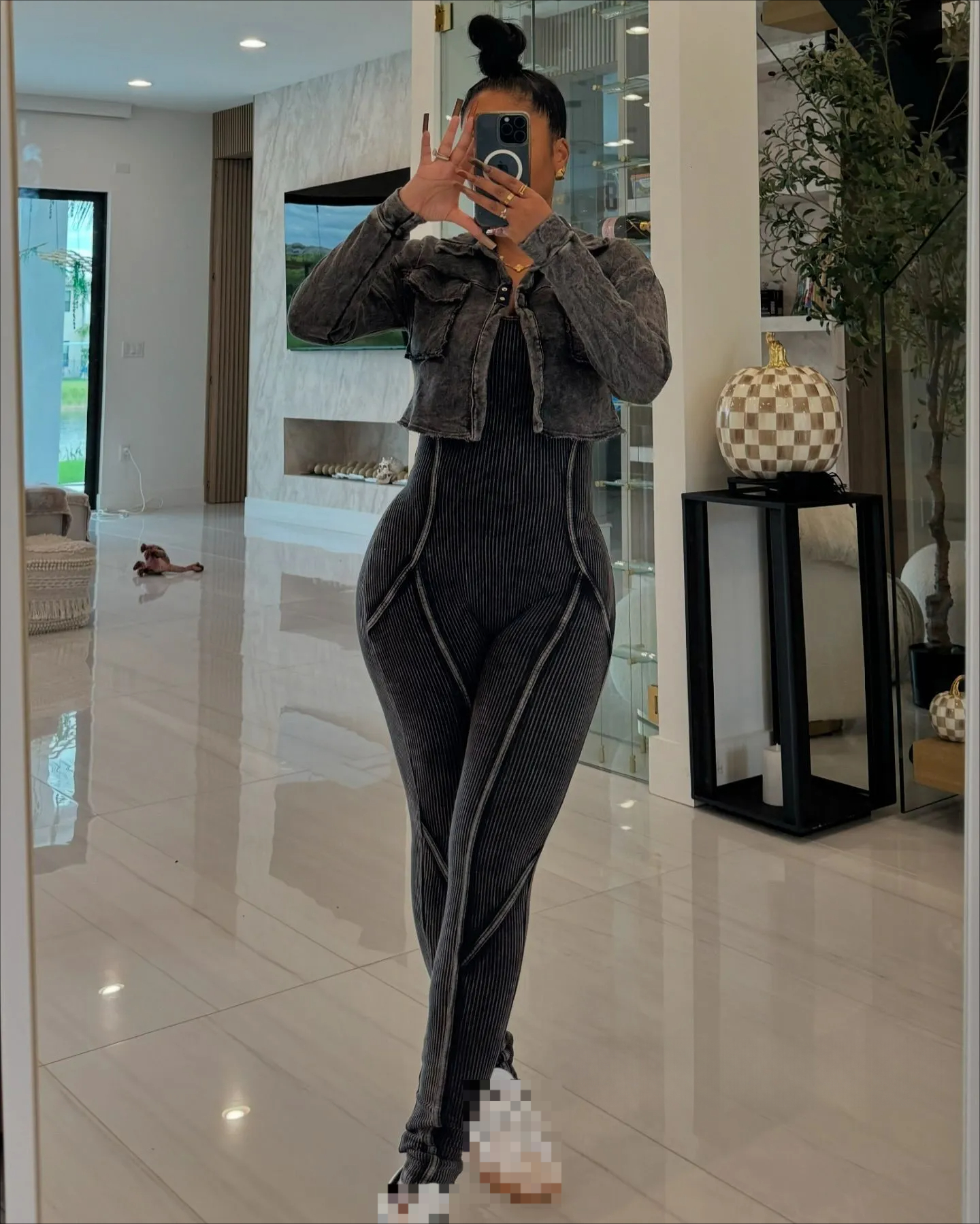 Fashion Two Piece Set Women Sexy Tights Jumpsuit Sets Full Sleeve Bomber Coat Vintage Casual Fitness Tracksuit
