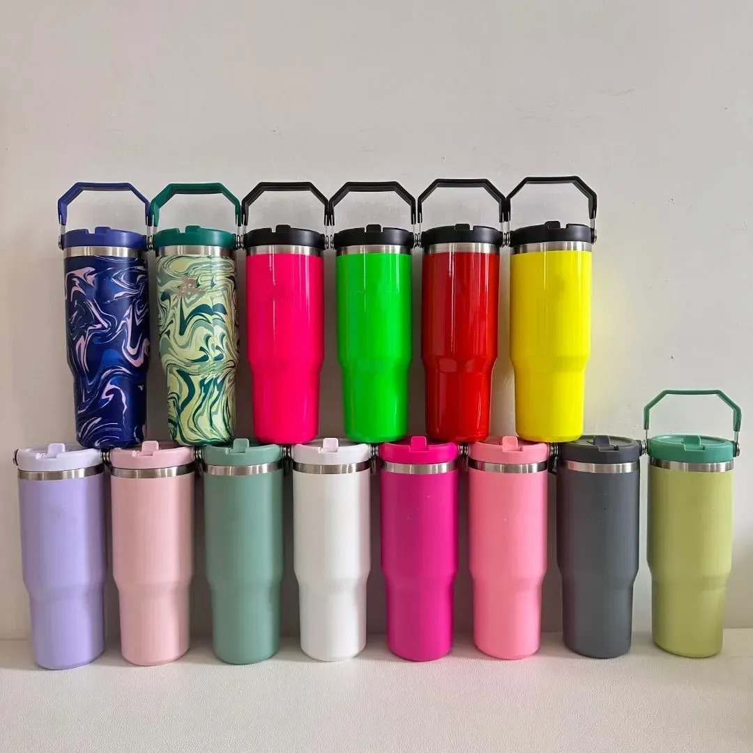 30oz Tumbler With handheld Straw Lids Leopard Stainless Steel Coffee Termos Car Vacuum Cup 30 oz Water Bottles for Water Cold Warm With Mugs