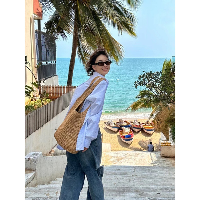 New single shoulder large capacity women's summer canvas beach vacation bag woven bag casual designer fashionable lazy style hand-held woven bag 