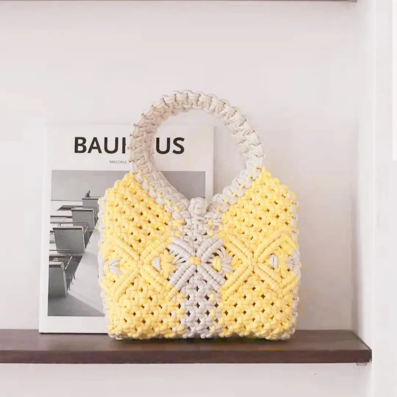 Cotton Rope Woven Bag for Womens Handheld Cute Womens Bag with Cute Hollow Mesh Pocket for Beach Vacation Womens Bag 250515