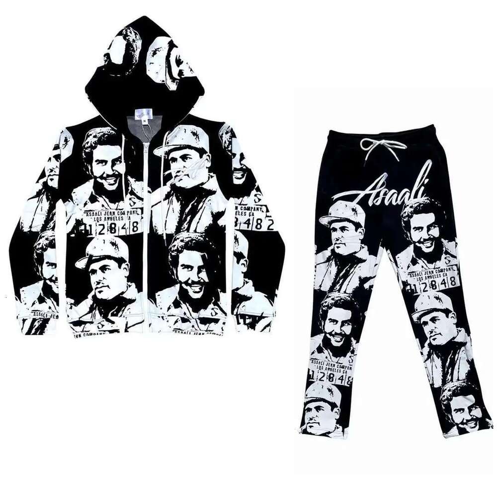 Y2k American Retro Men's Casual Sports Pants Gothic Fashion Character Pattern Printed Zipper Hoodie Couple Set Designer