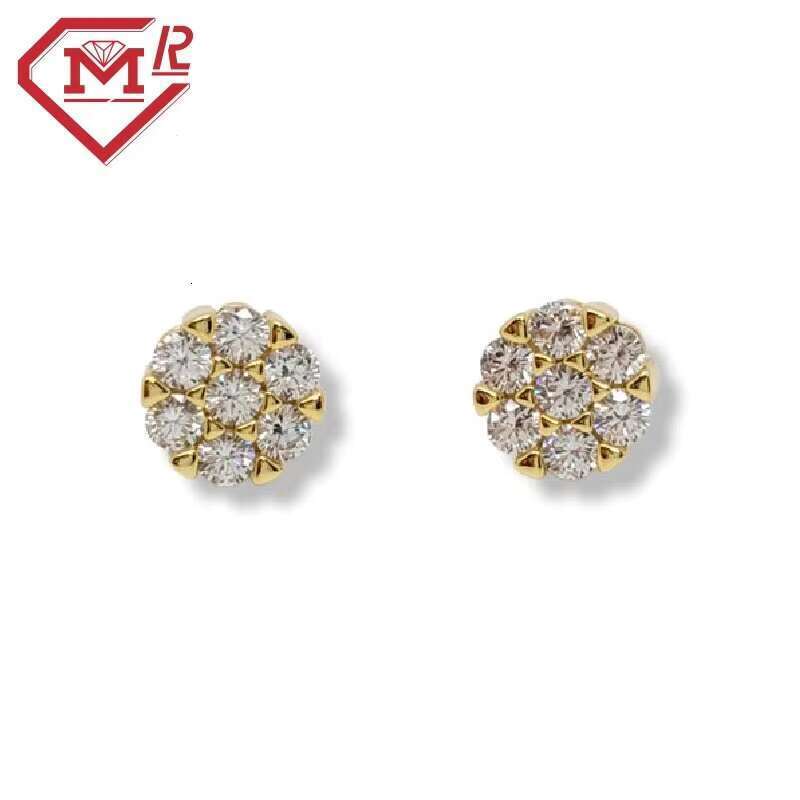 Flower cluster round Moissanite sterling sier screw back hip-hop earrings