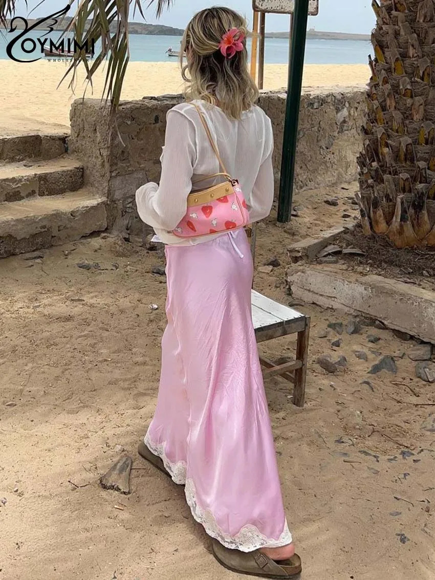 Oymimi Elegant Pink Lace Skirts For Women Casual Low Waisted Patchwork Skirts Streetwear Fashion Straight Ankle-Length Skirt 250514