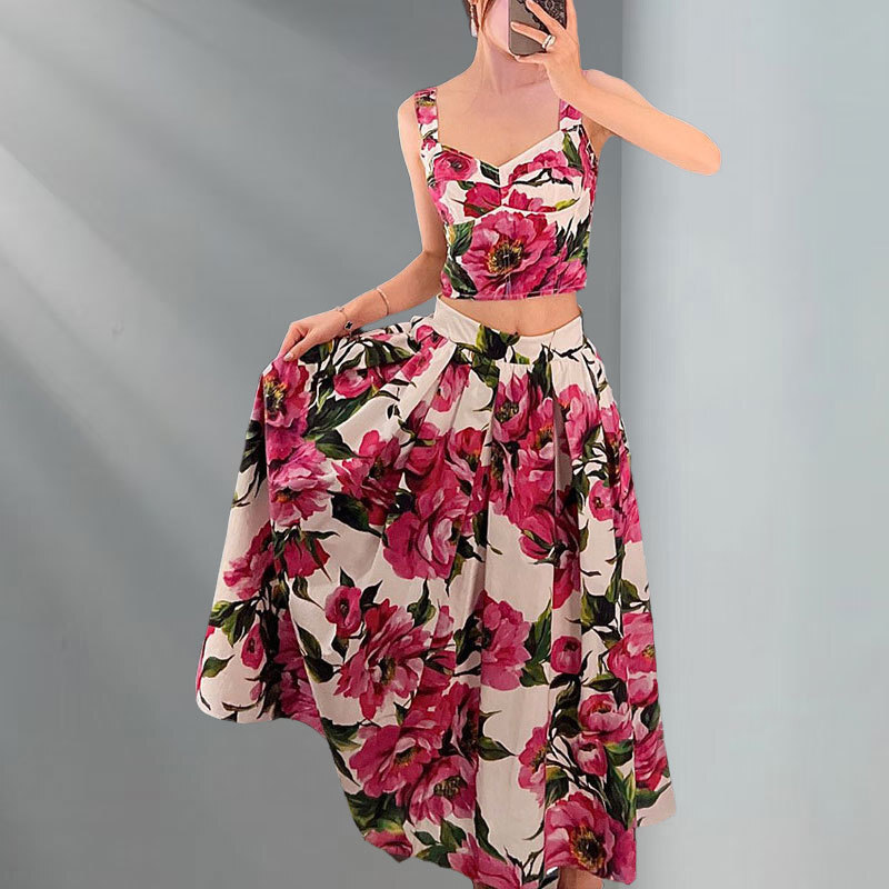Women's Flower Printed Cotton Two-Piece Set Designer New Fashion Square Neck Crop Vest Elegant High Waist Pleated Midi Skirts High-Quality Beach 