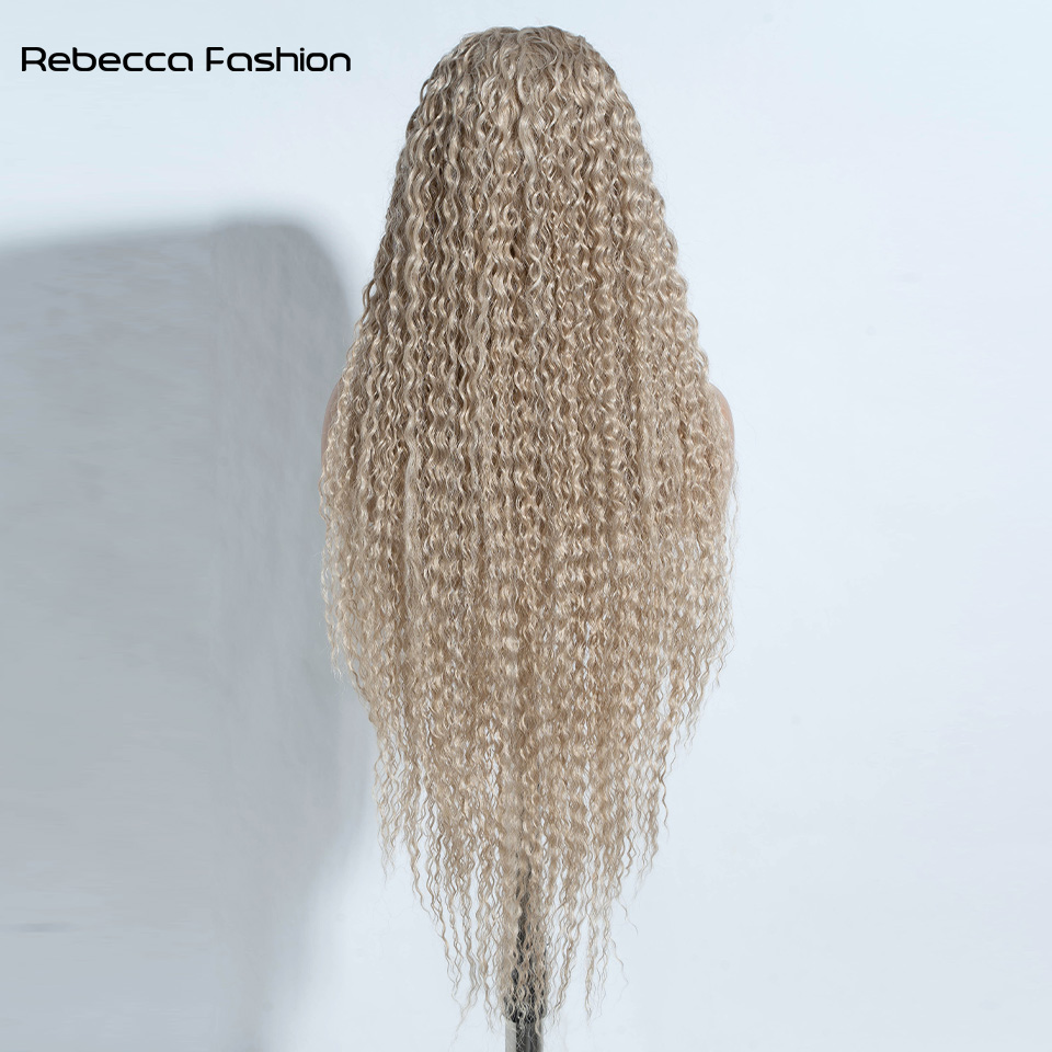 Rebecca Fashion 38" Synthetic Lace Front For Women Middle Part Long Soft Ombre Blonde Wig Kinky Curly Wigs Heat Resistant Fiber Hair