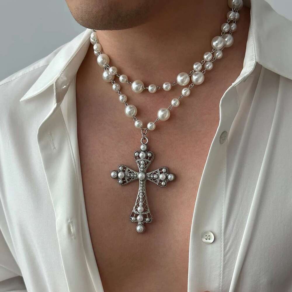 Ingesight.Z Charm Elegant Imitation Pearl Choker For Men Women New Goth Jesus Cross Pendant Necklace Male Party Jewelry