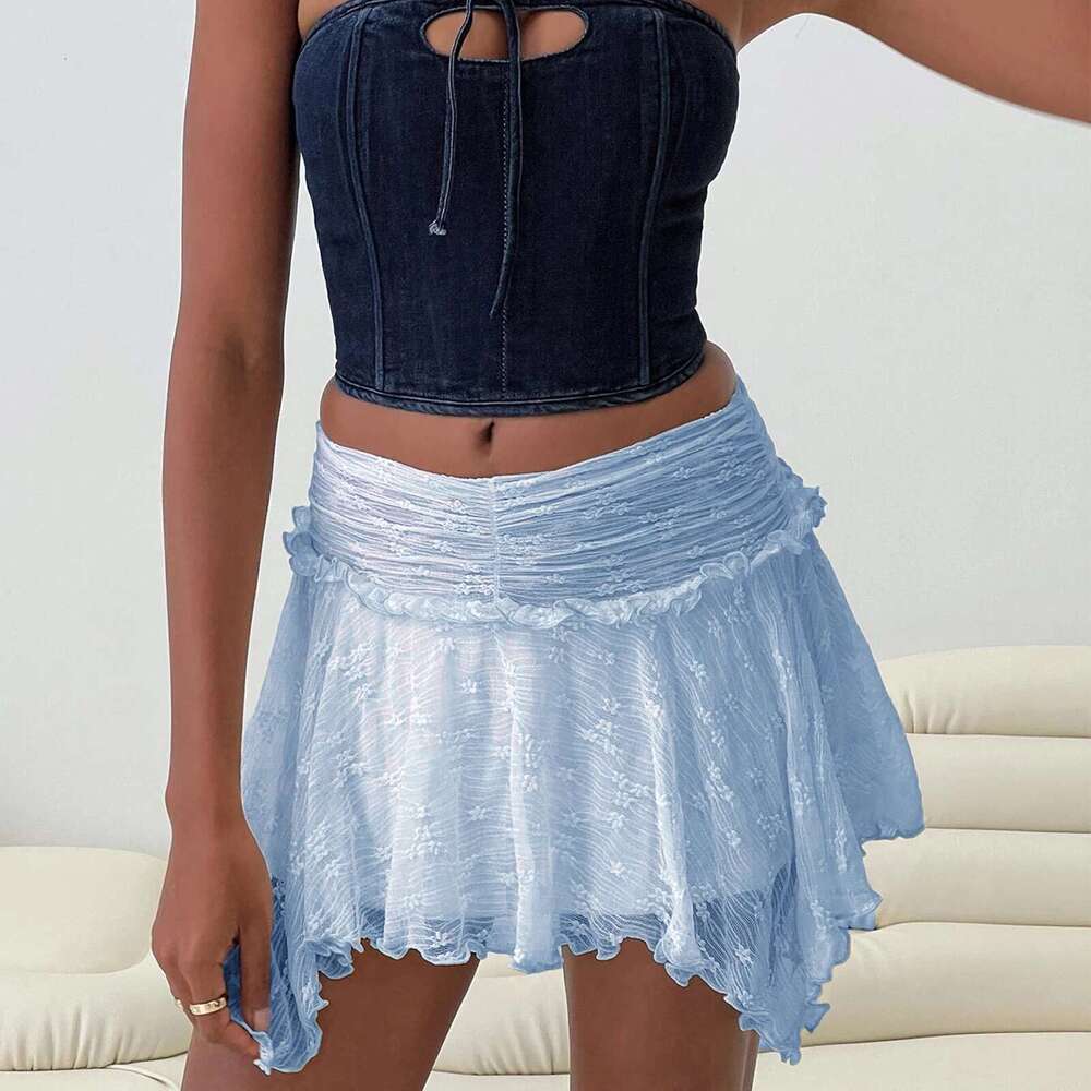 Women's Fashion Asymmetrical Mini Ruched Mid Rise Lace Irregular Hem Short Skirts Streetwear Haruku Aesthetic Clothes