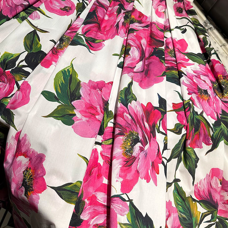 Women's Flower Printed Cotton Two-Piece Set Designer New Fashion Square Neck Crop Vest Elegant High Waist Pleated Midi Skirts High-Quality Beach 