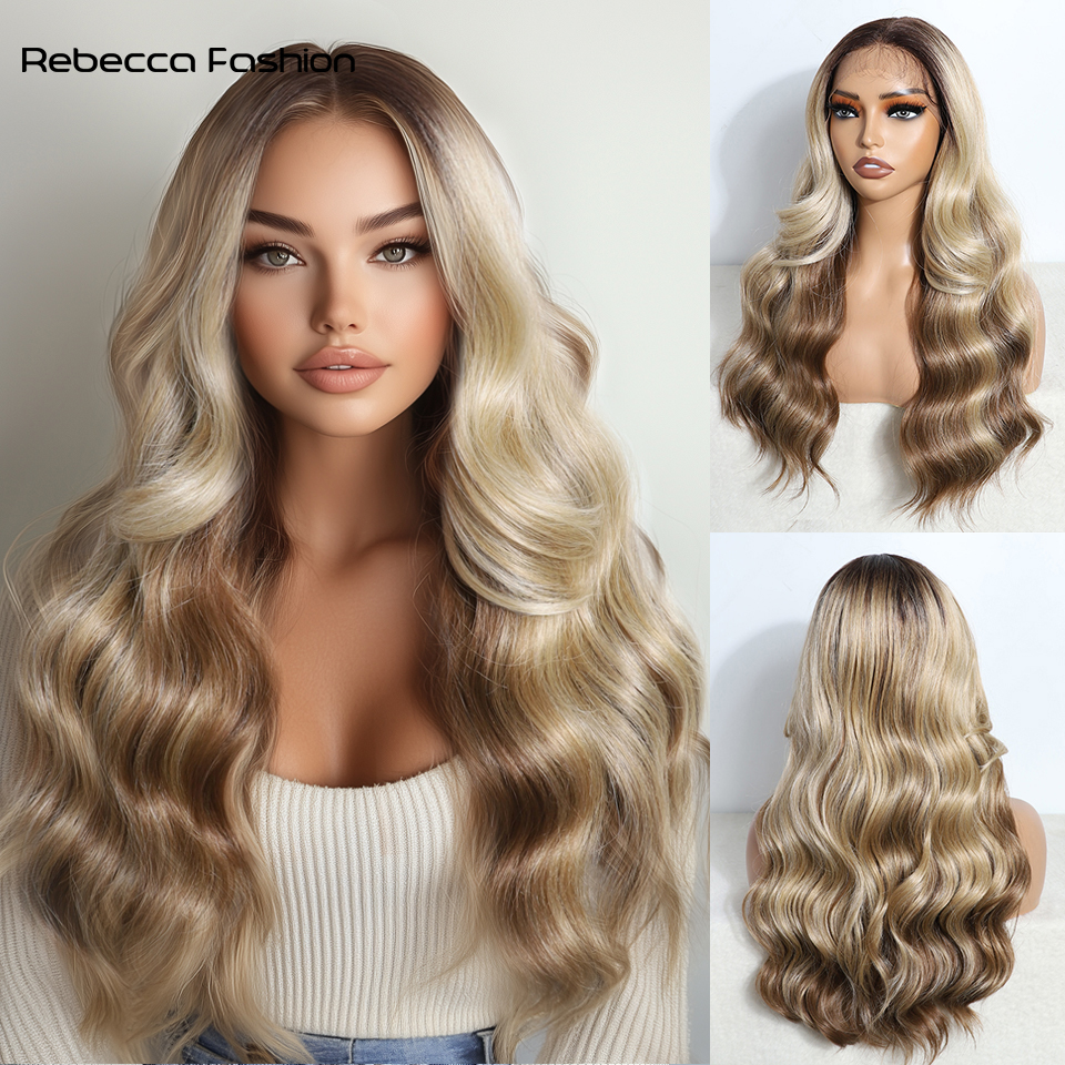 Rebecca Fashion 22 Inch Brown Ombre Blonde Wig for Women Synthetic lace Front Wavy wigs, Easy to Wear, Straight Style for Festival