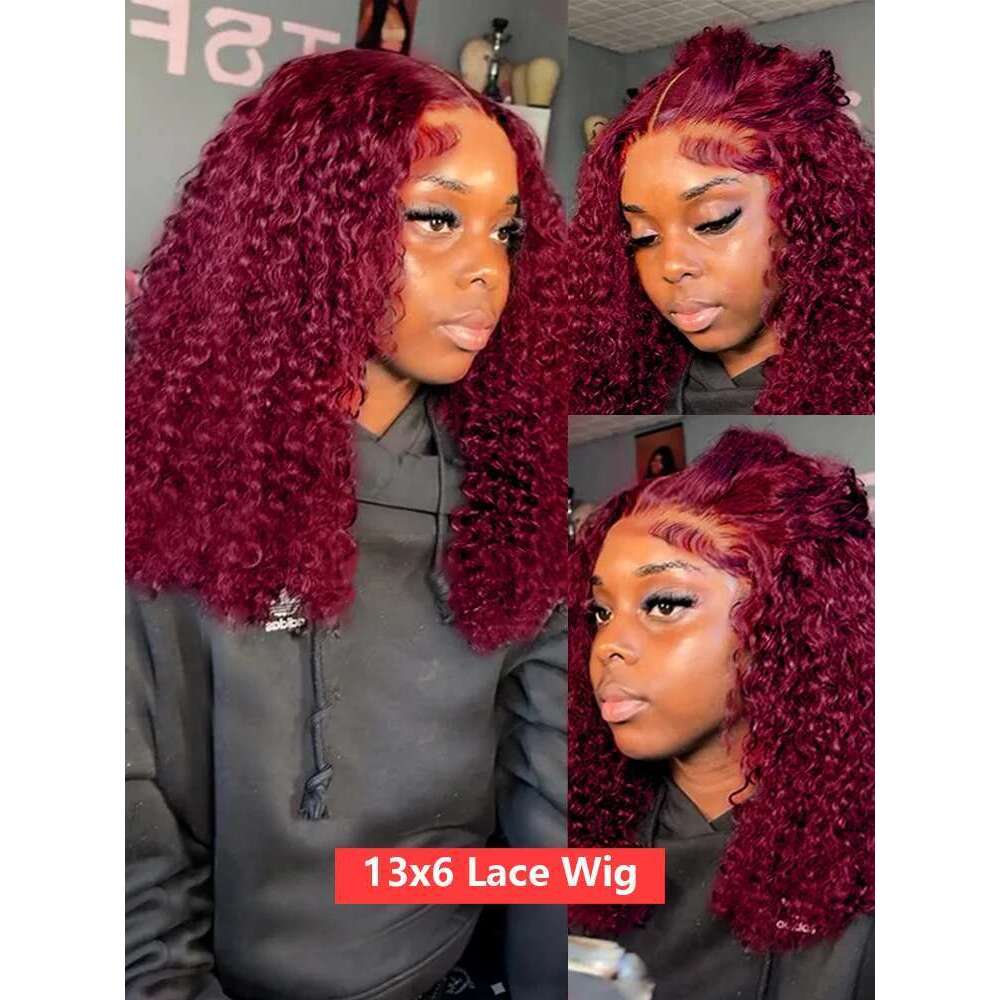 250 Density 99J Bury Lace Front Short Bob Human Hair 13x4 Deep Wave Frontal Wig 13x6 Red Colored Curly Wigs