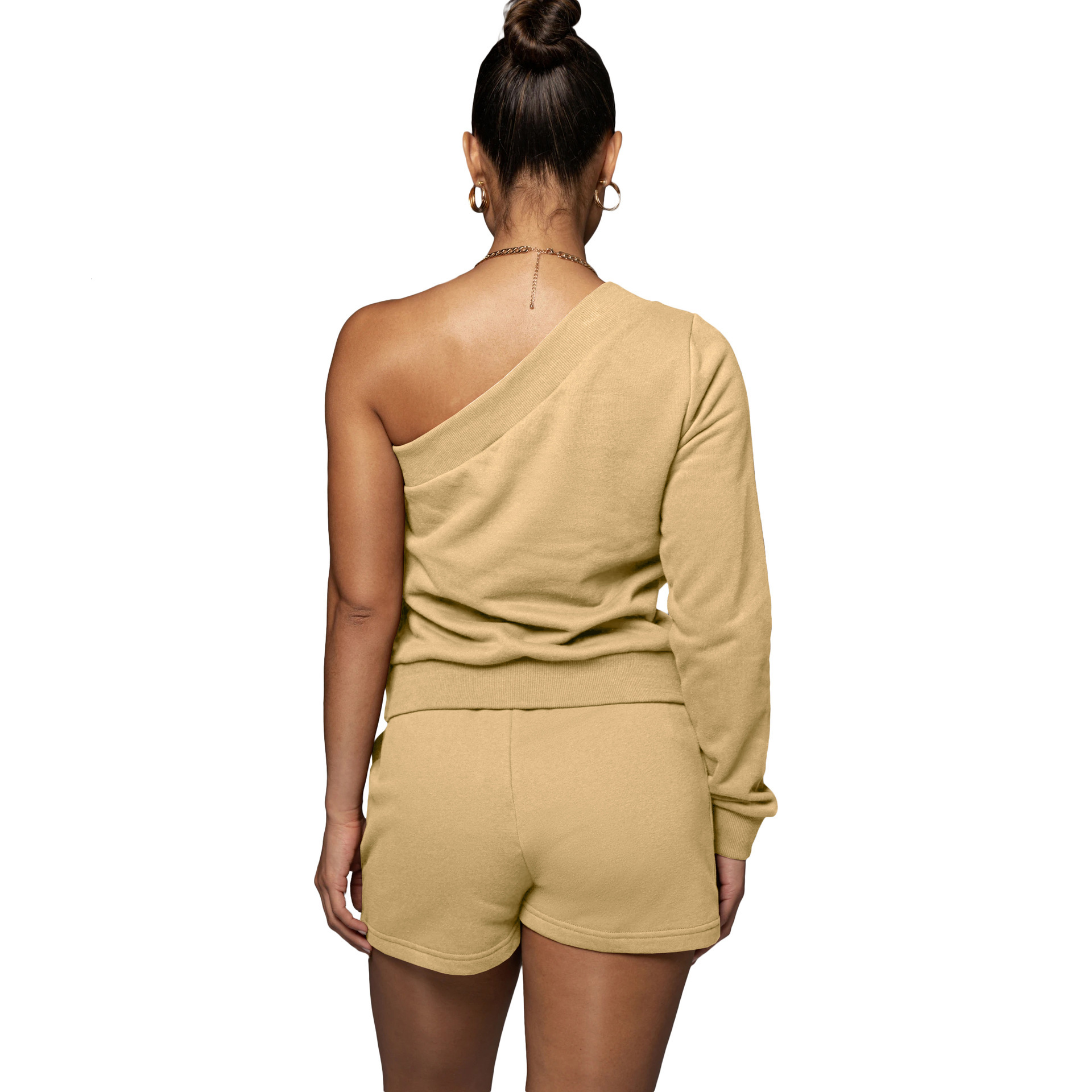 F157 diagonal shoulder irregular sweater Shorts Set fashion leisure sports suit two piece set women