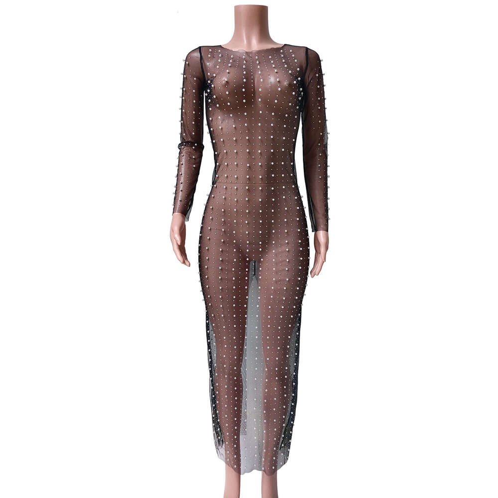 White Dress Maxi Dress 2022 New Fashionable And Sexy Dingzhu Hot Diamond Cover Up Mesh Long Sleeved Dress KQ