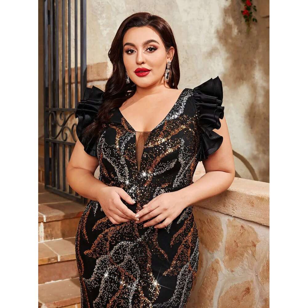 Mgiacy plus size V-neck sequin color contrast design multi-layer flying sleeve fishtail slim Evening gown ball dress