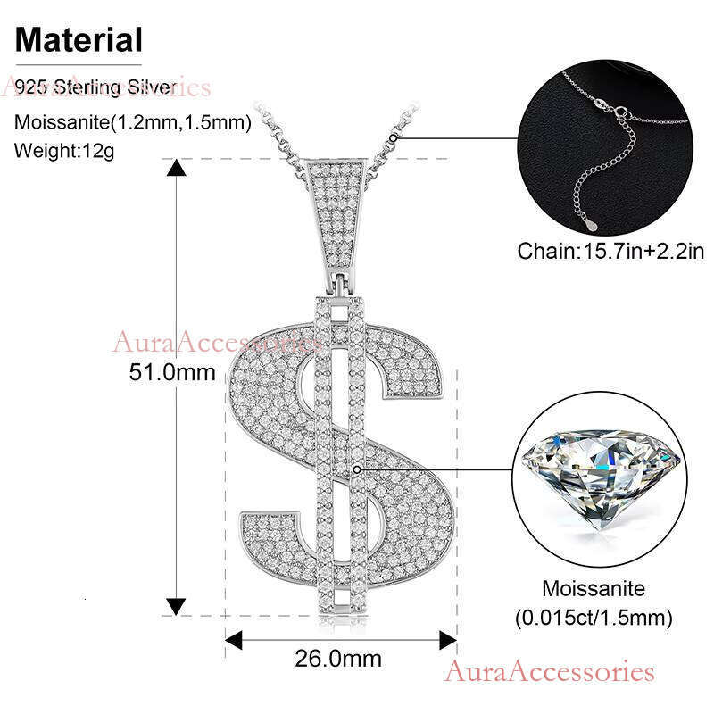 Wholesales Dollar Sign Iced Out Jewelry Gold Plated Sterling Sier VVS Moissanite Dia Hip Hop Pendant Necklace