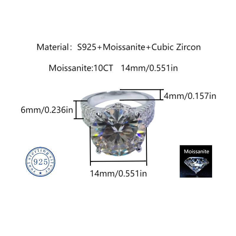 D-color VVS1 10CT Moissanite s925 sterling silver ring, a best-selling star model 950 white platinum-plated ring, ultra-luxurious group set artificial
