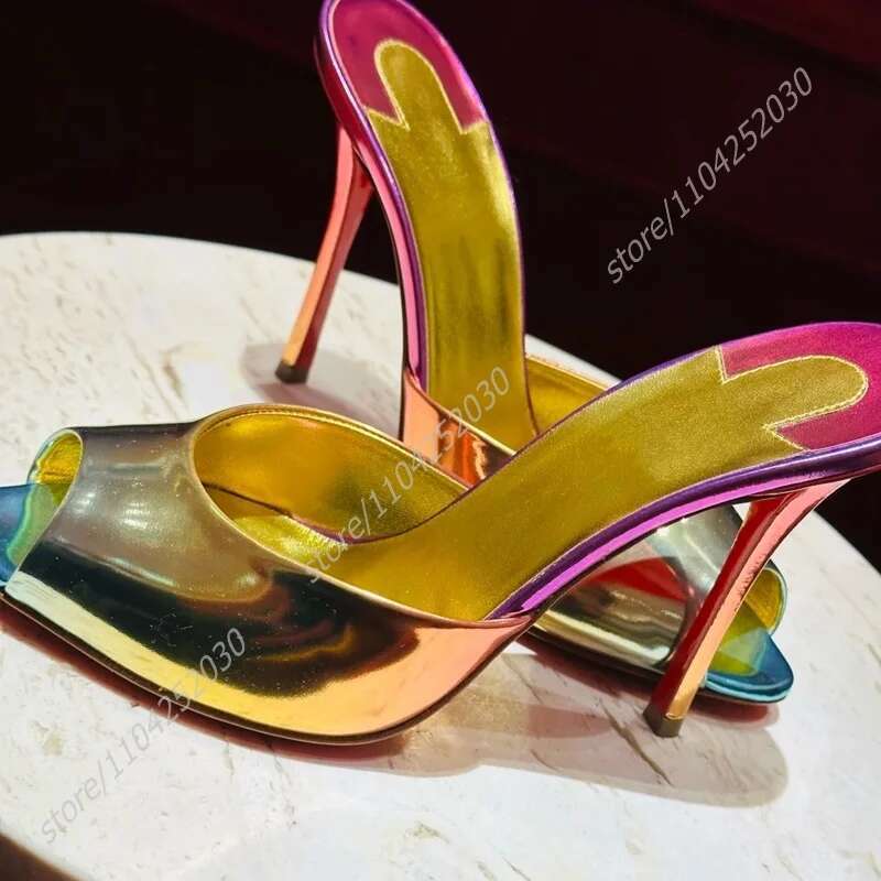 Rainbow Patent Gradient Peep Toe Heels Girls Cute Slippers Slingback Open Sandals Gold Leather Mirror Sexy Women Shoes
