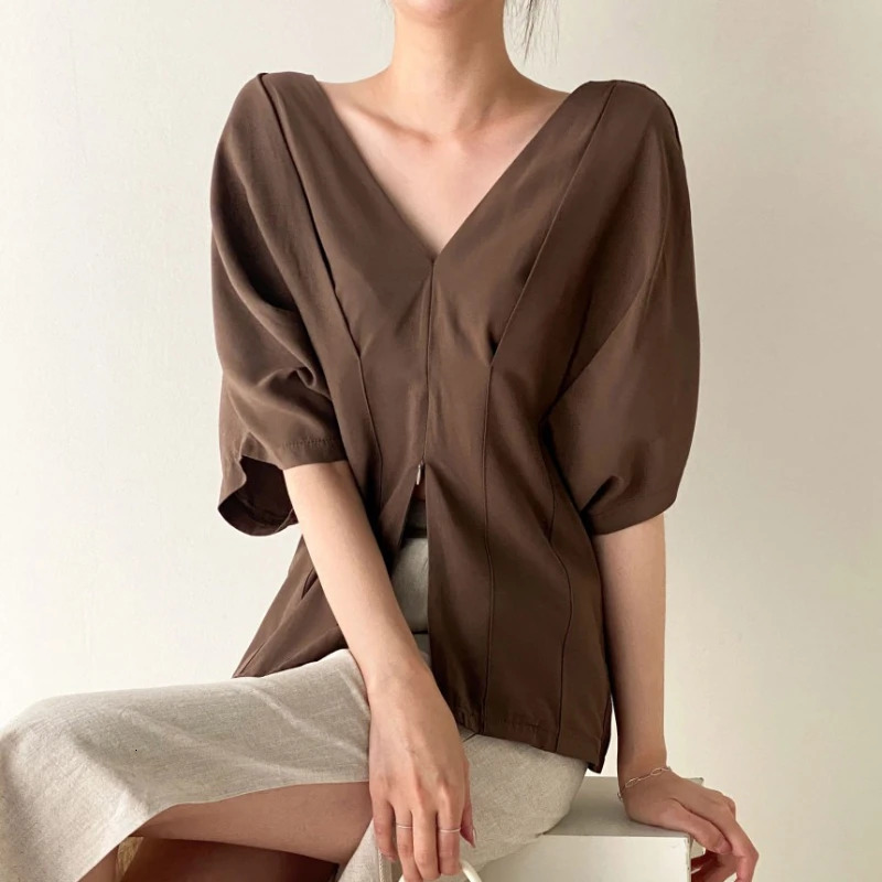 REALEFT Spring Summer Half Sleeve Womens Vneck Blouses Casual Loose Elegant Front Split Shirts Tops Female 250515